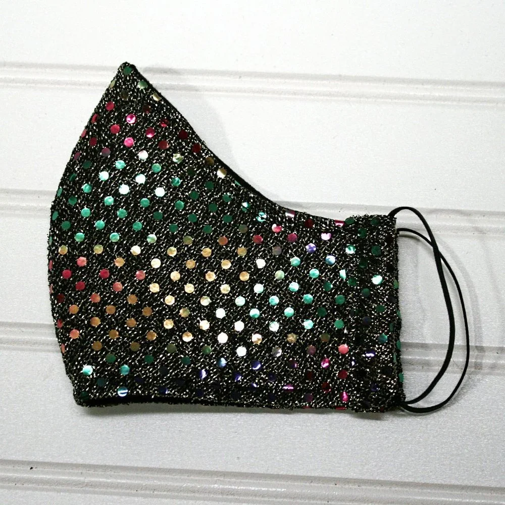 HAND CRAFTED Face Mask Rainbow Confetti Dot Sequin - Adult - Shield Style